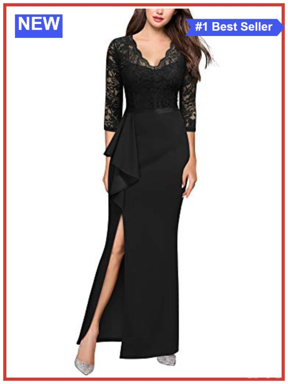 Floral Lace Ruffle 3/4 Sleeve Formal Evening Party Dress